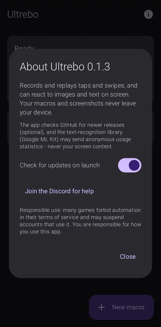 Ultrebo's About screen with its privacy summary, the update-check switch and a link to the Discord server
