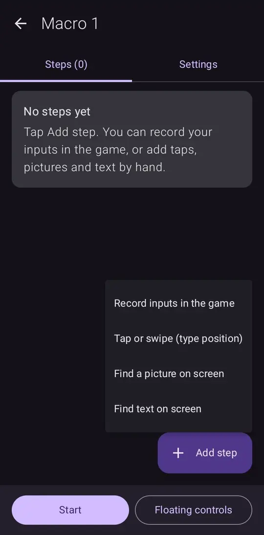 The Add step menu in Ultrebo: record inputs in the game, tap or swipe, find a picture on screen, find text on screen