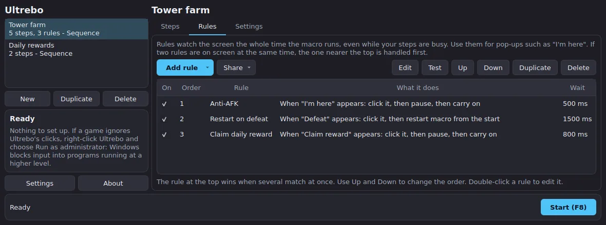 Ultrebo's Rules tab: three rules that watch for the text I'm here, Defeat and Claim reward and say what to do when each appears