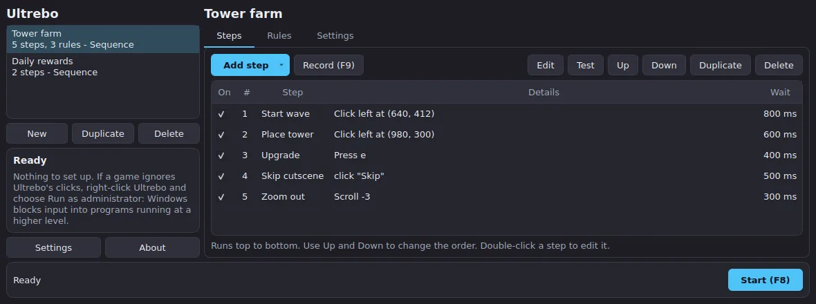 Ultrebo's Steps tab on a computer: a list of steps such as clicks, a key press, finding the text Skip, and a scroll, each with its wait time