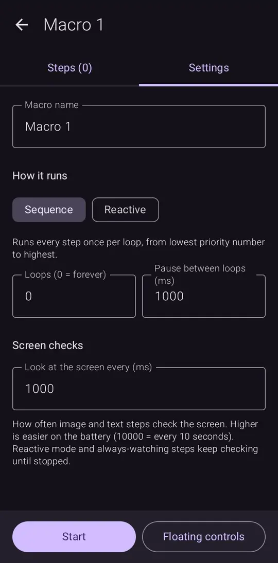 Ultrebo's macro settings screen with run mode, loop count, pause between loops and how often to check the screen